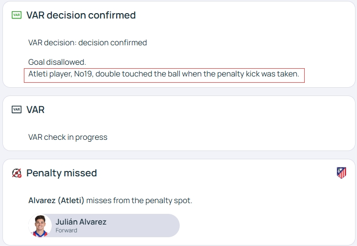  官方明確！歐冠官網(wǎng)：阿爾瓦雷斯罰點(diǎn)時(shí)2次觸球，VAR決定進(jìn)球無(wú)效